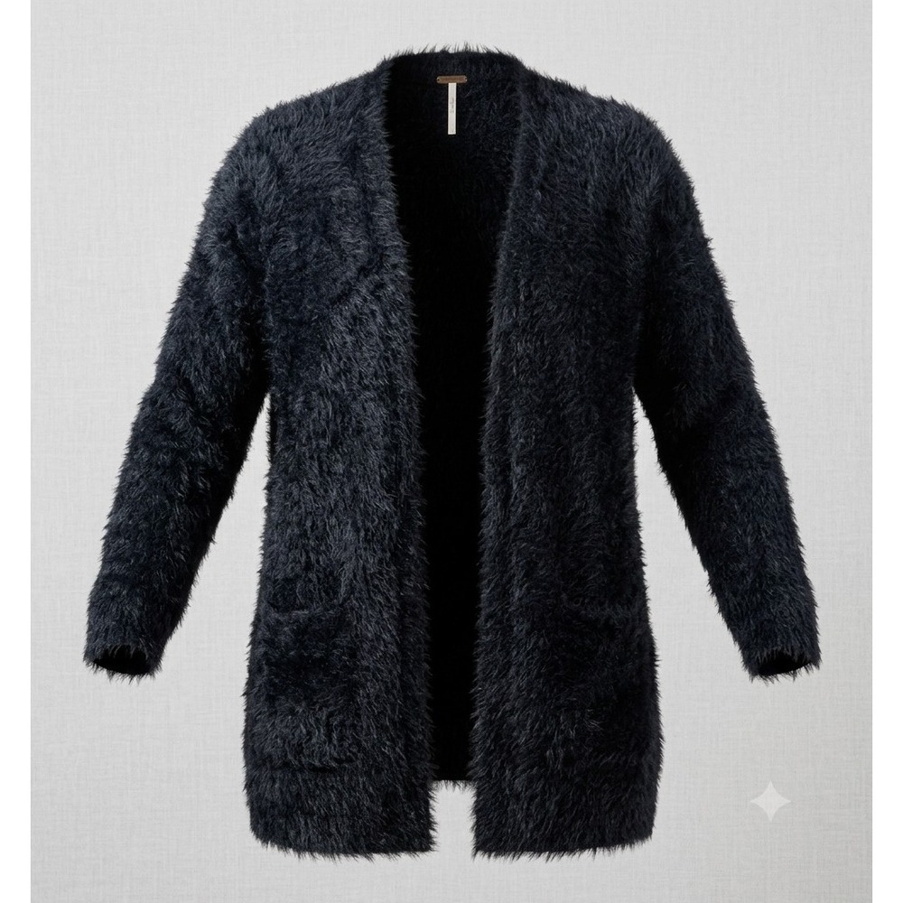 Free People Women's Black Fuzzy Shag Open Long Sleeve Cardigan Sweater. Size L